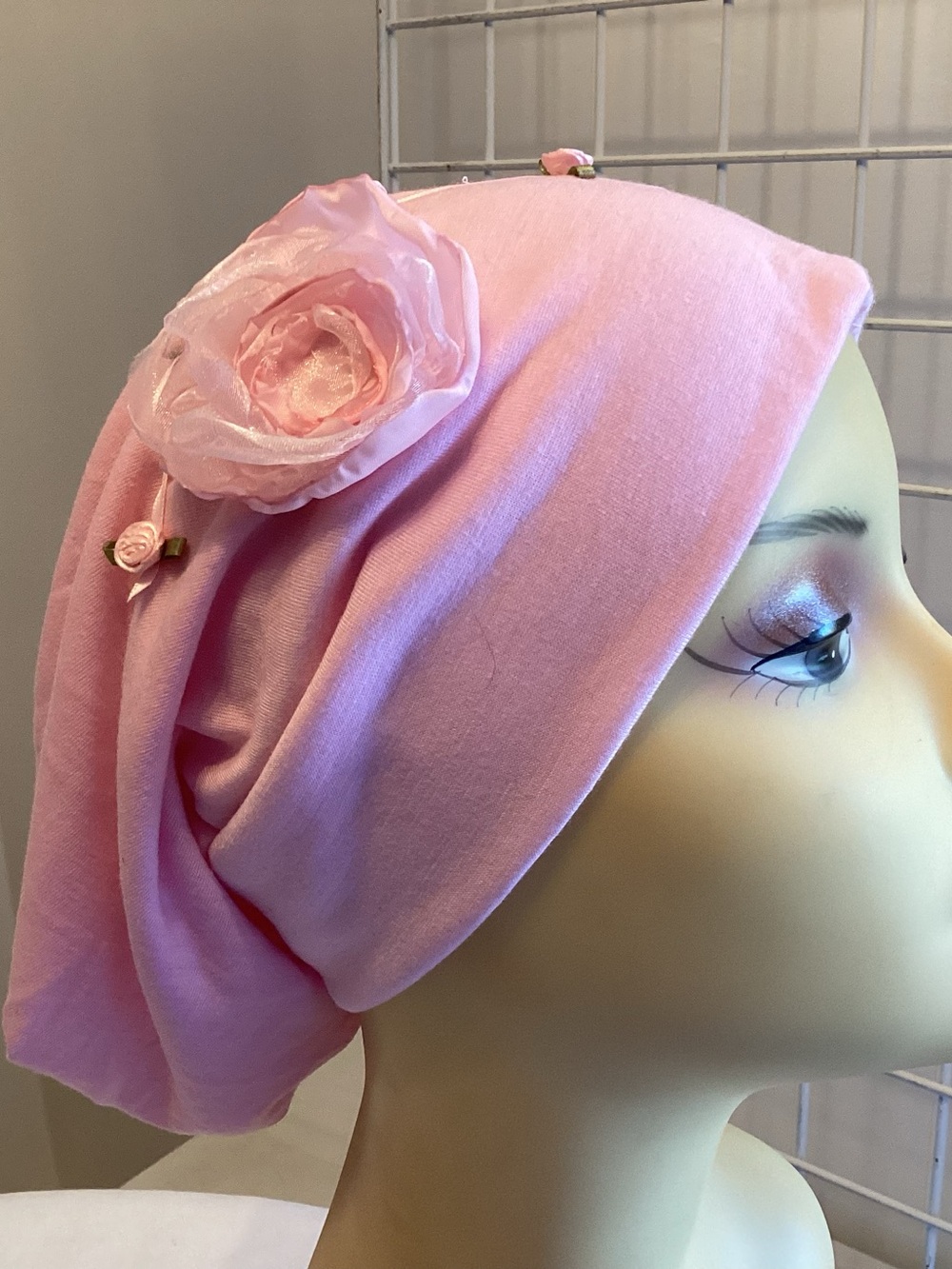 Pink Slouchy Beanie with Roses